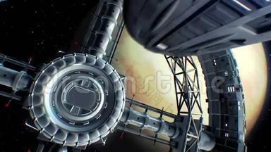 以金星为背景。 太空飞船飞进巨大的太空火炬门，引擎灯闪烁，三维动画